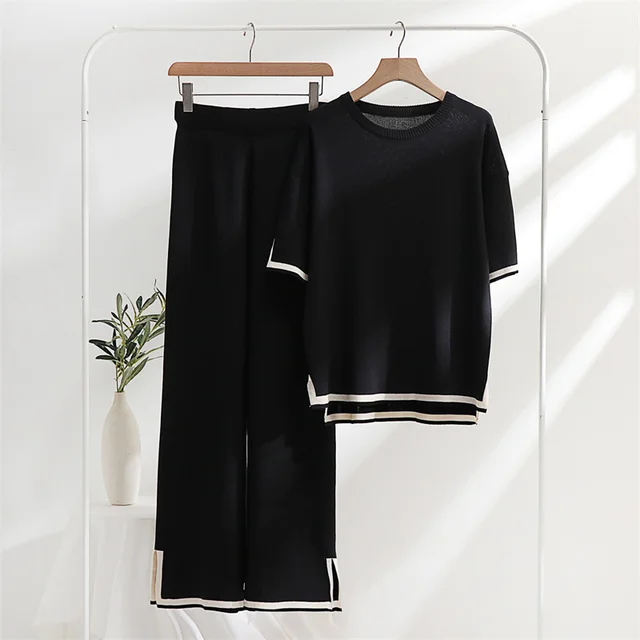 Two Piece Set Elegant Pants Sets Ice Knitted Summer Outfits For Women 2023 Short Sleeve Pajama Suit 5