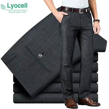 Thin Lyocell Summer Jeans Soft Breathable Straight Business Office Casual Trousers Elastic Cool Drapey Classic Denim Pants 1
