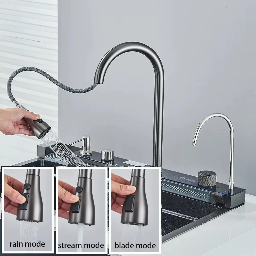 304 5 Water Discharge Modes Stainless Steel Waterfall Kitchen Sink Large Single Slot Integrated Digital Display Faucet Set