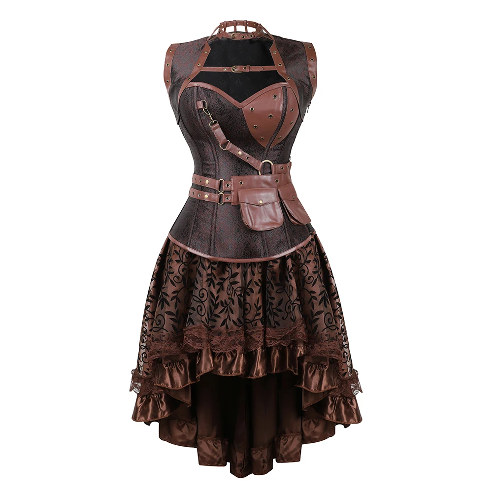 

Women Steampunk Corset Vest With Floral Lace Skirt Sets Gothic Vintage Faux Leather Corsets Dress Burlesque Pirate Costume S-6XL