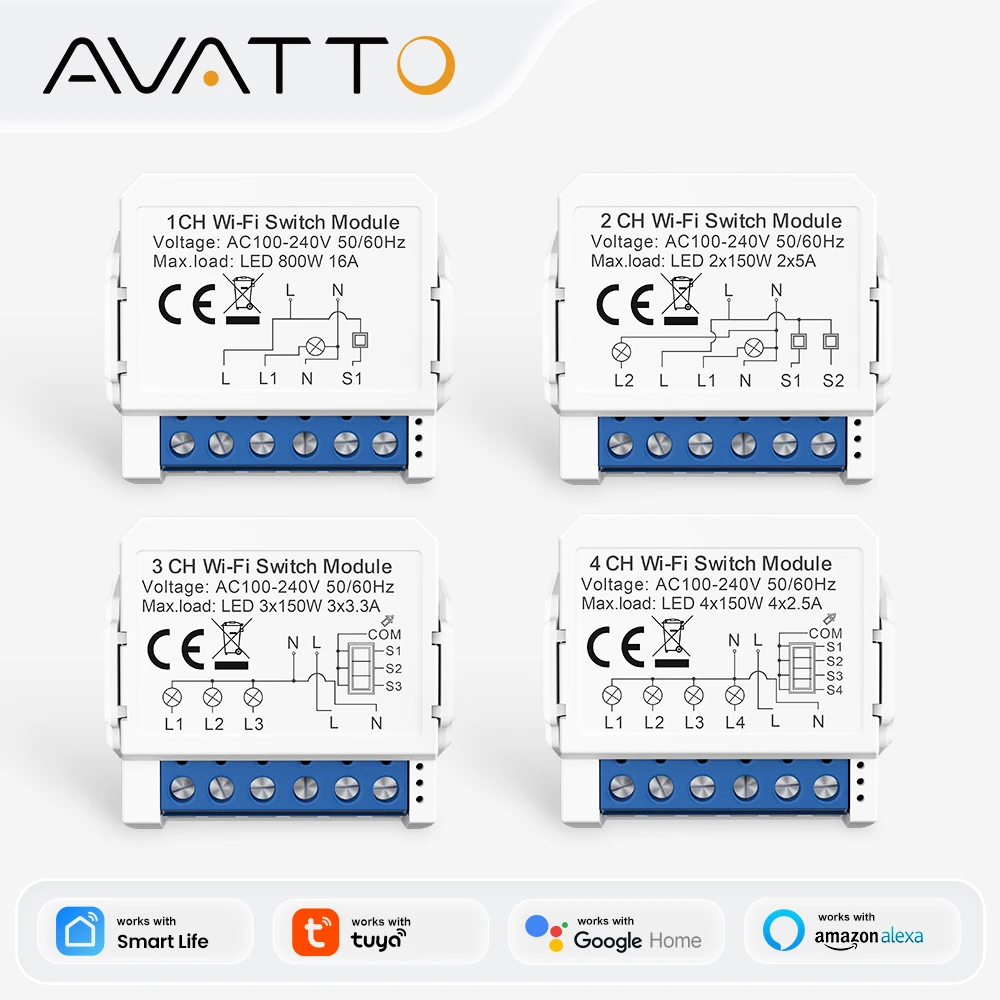 AVATTO WiFi 스마트 라이트 스위치 모듈, 1/2/3/4 갱 DIY 차단기 중성선 제어는 Tuya Alexa, Google Home과 호환됩니다.