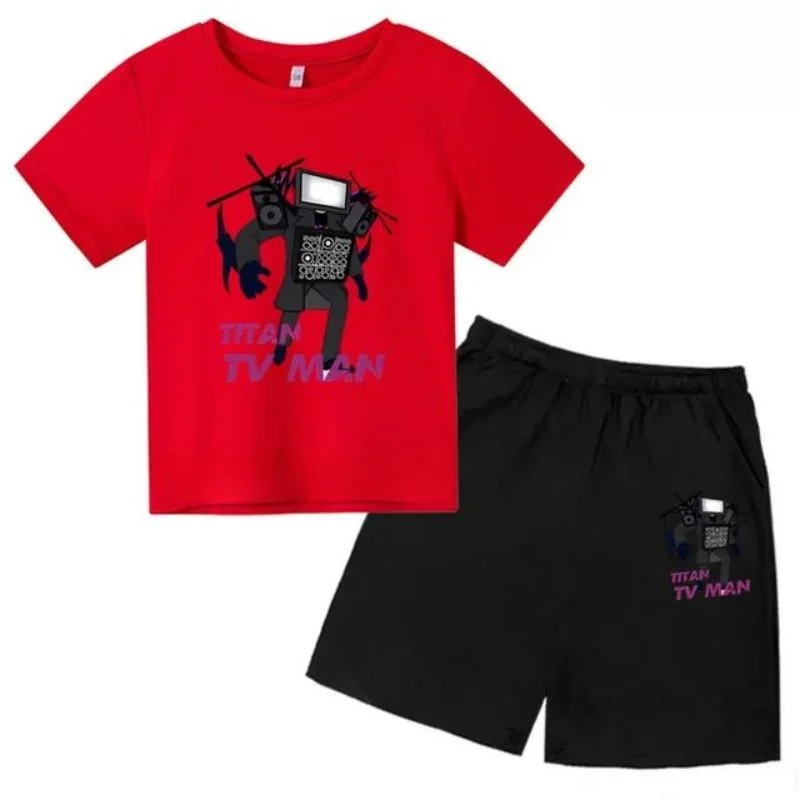 thumbnail image 1 of Conjunto de camiseta y pantalones cortos de manga corta para niño y niña, traje informal de moda para niño, 2 piezas, con estampado de baño Skibidi, 1 of 5