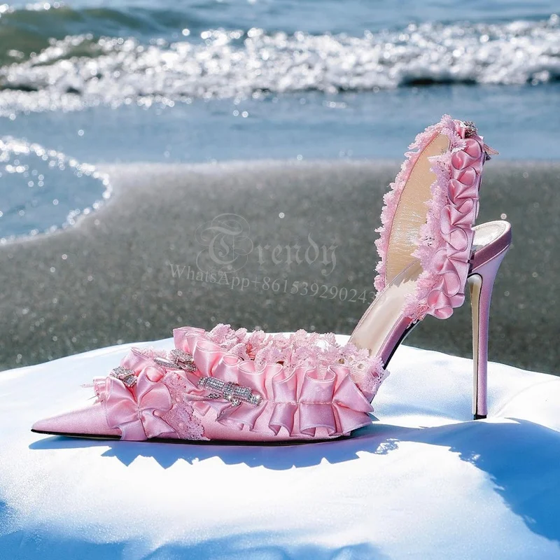 

Pink Lace Ruffle Stiletto Sandals Woman Elegant Wedding Heel Pointed Toe Light Satin Folded Slingback Cute Pump Dress Party Shoe