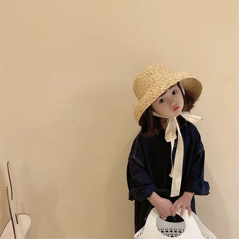 12-hh6008 ins chic farmhouse style SUMMER LONG RIBBON kids HANDMADE RAFFIA grass head size cap children leisure hat