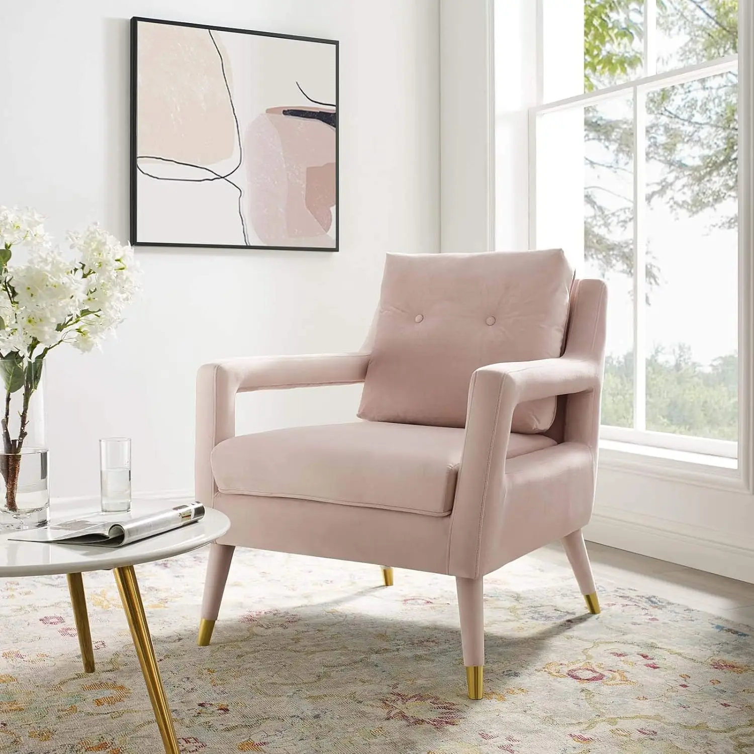 

2024 Pink Color Velvet Accent Chair with Splayed Gold Metal Sleeve Legs