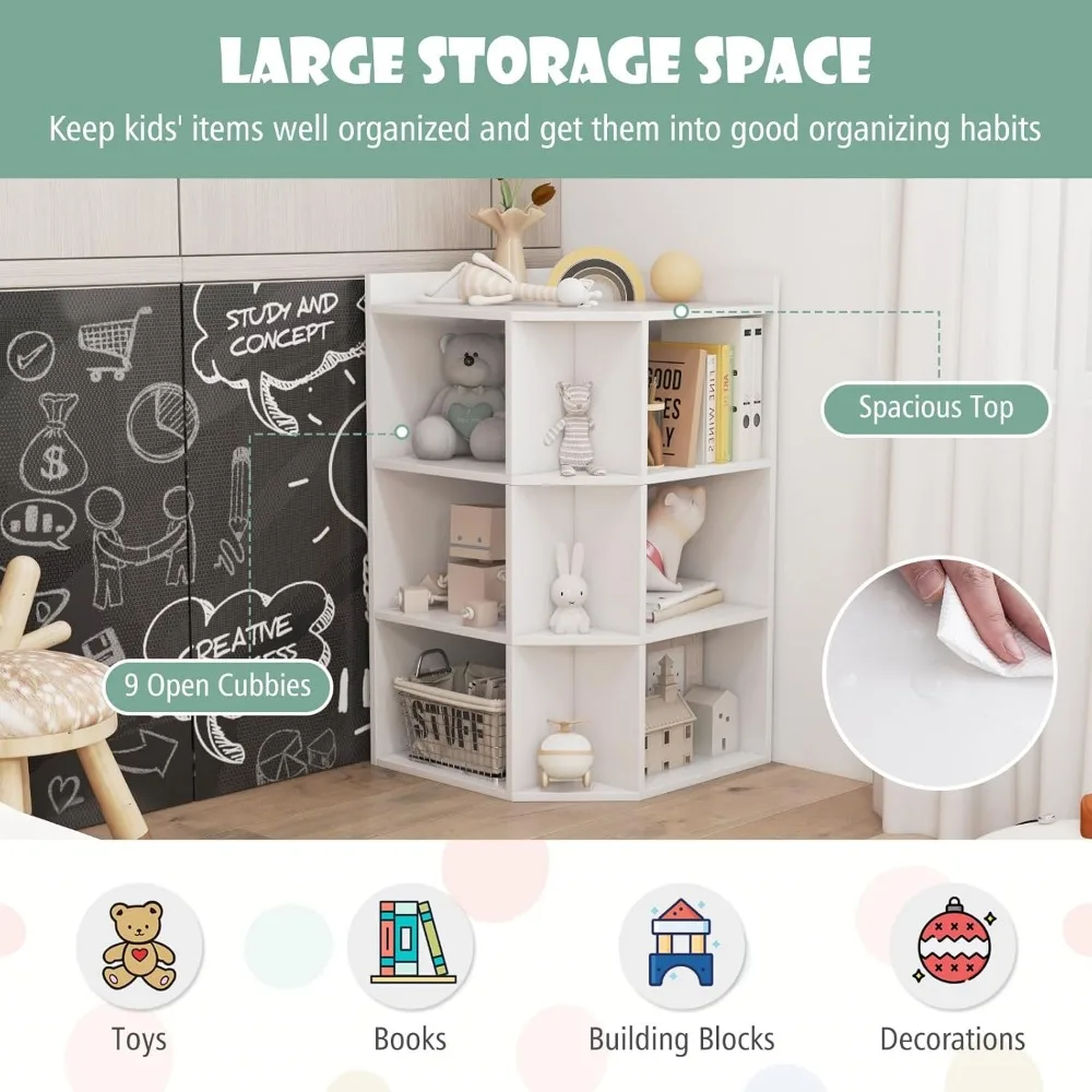 Kids Corner Cabinet with Charging Station, Wooden Cubby Bookcase with USB Ports and Outlets, Kids Bookshelf, 9-Cube Toy Storage 4