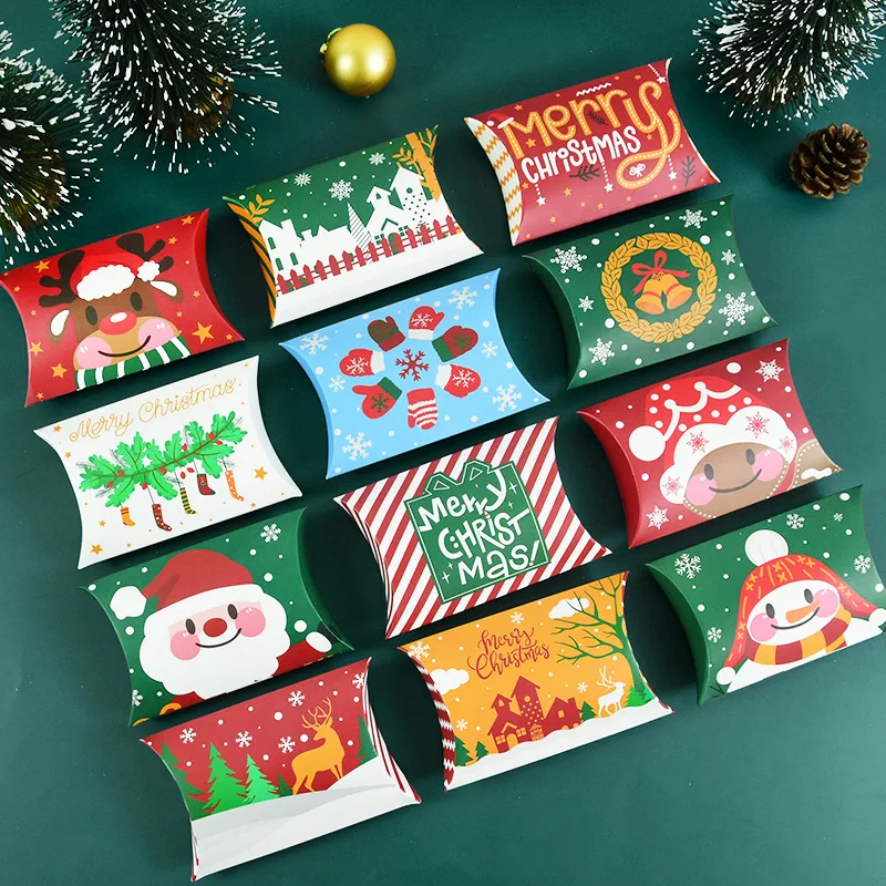 12pcs Christmas Pillow Shape Candy Box Cartoon Santa Snowman Elk Gifts Packaging Boxes New Year Xmas Party Supplies 2023 Navidad
