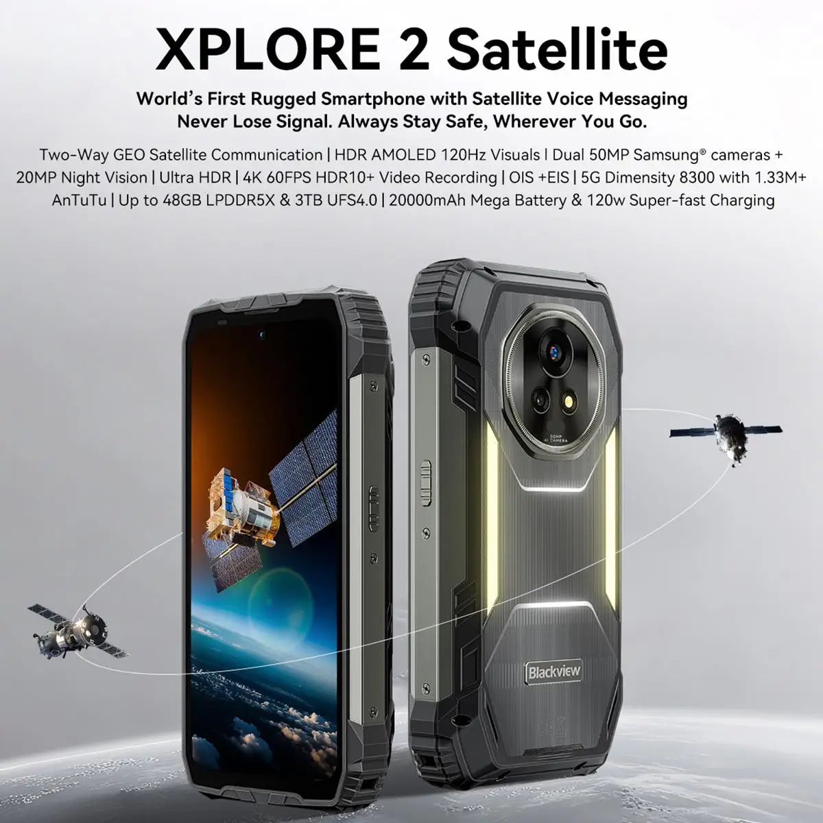 Blackview XPLORE 2 Satellite Rugged Phone 16GB+1TB 6.73'' Android 15 Dimensity 8300 20000mAh 120W Charge NFC 5G Smartphone