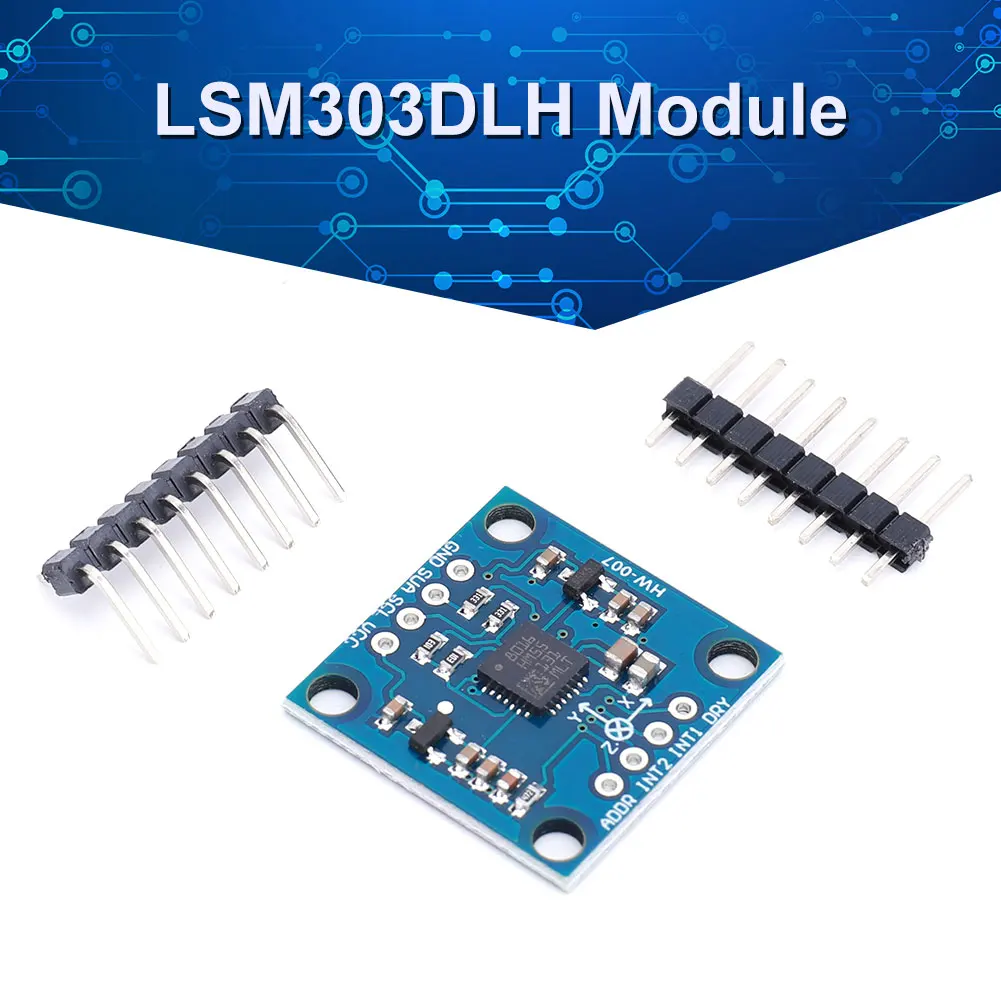 Gros plan sur le module GY-51 LSM303DLH, boussole 3 axes et accéléromètre pour Arduino, avec broches soudées.