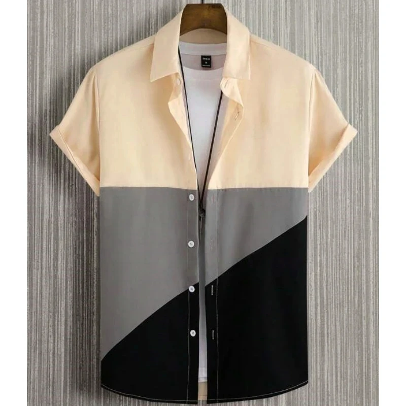 thumbnail image 1 of Camisa con estampado 3D de empalme de contraste de color de moda nueva de verano 2024 para hombre, versátil, informal, holgada, versátil, con cuello abatible y botones, 1 of 5