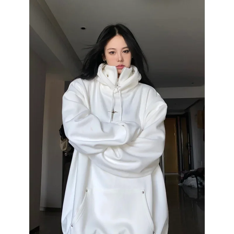 QWEEK Streetwear Black Hooded Female Sweatshirts Oversized Hoodie Women Harajuku Vintage Pullovers Korean Fashion Goth Aesthetic