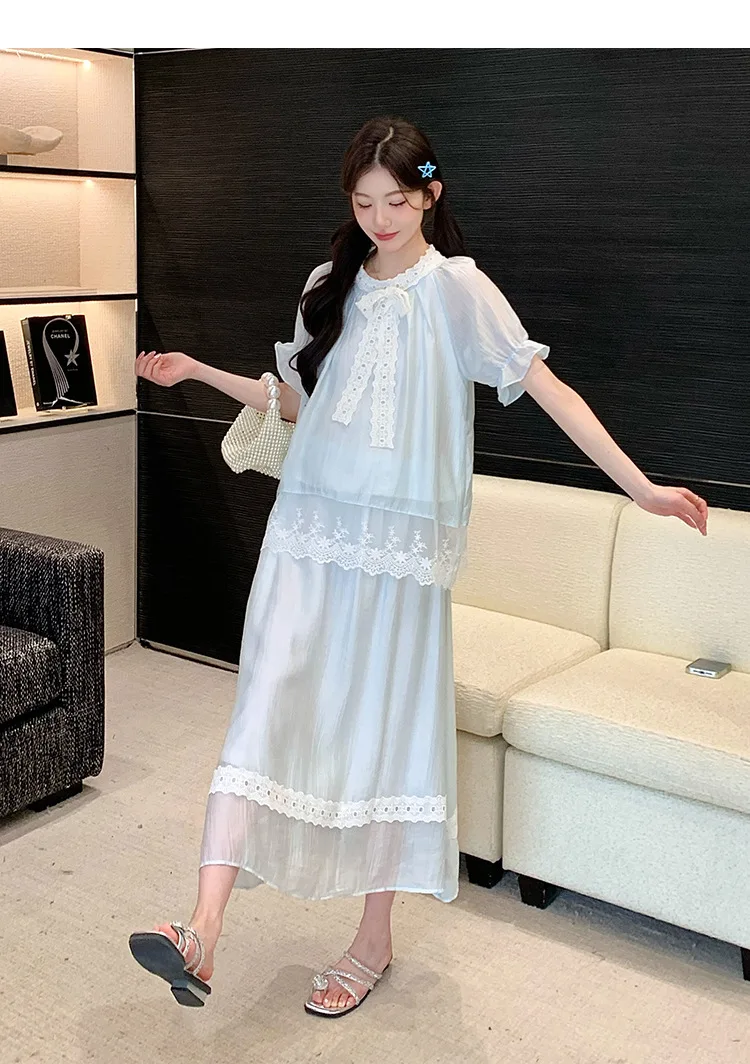 임산부 의류 2026년 여름 블루 레이스 리본 퍼프 소매 블라우스와 맥시 스커트 임산부를 위한 부드럽고 우아한 분위기