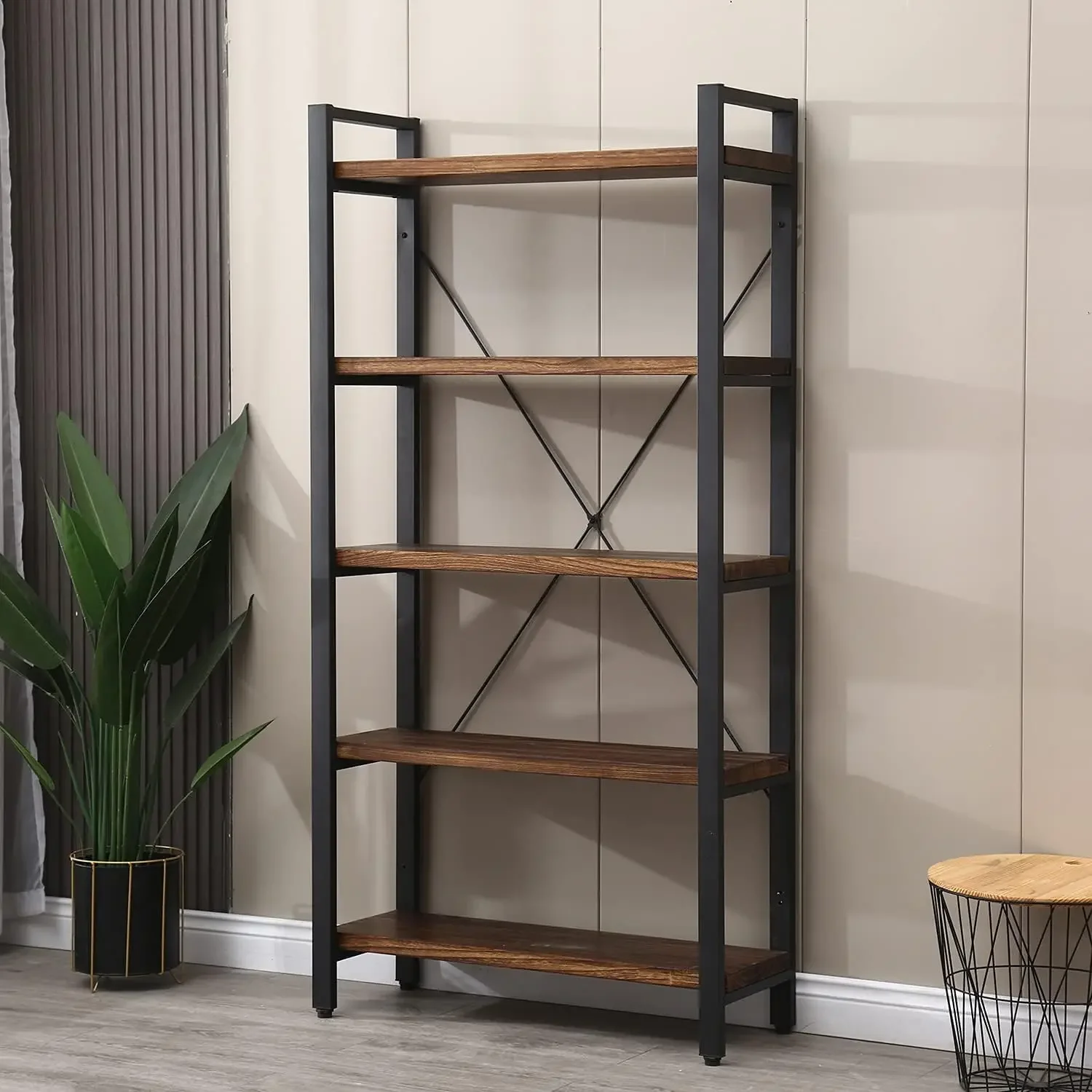 NEW-5 Tier Bookcase, Solid Wood Bookshelf Rustic Vintage Industrial Etagere Bookcase, Metal and Wood Free Vintage Bookshelf,
