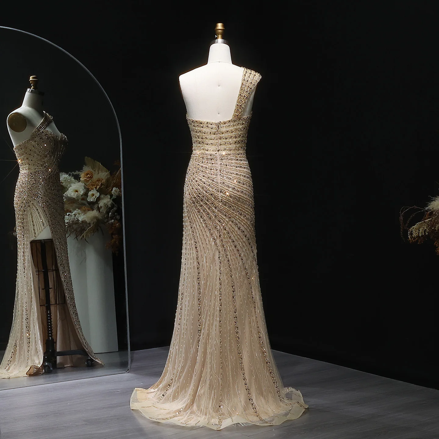 Sharon Said Dubai Luxury Champagne One Shoulder Evening Dress for Women  Wedding Party Formal Prom Gown Arabic SS084 Customized