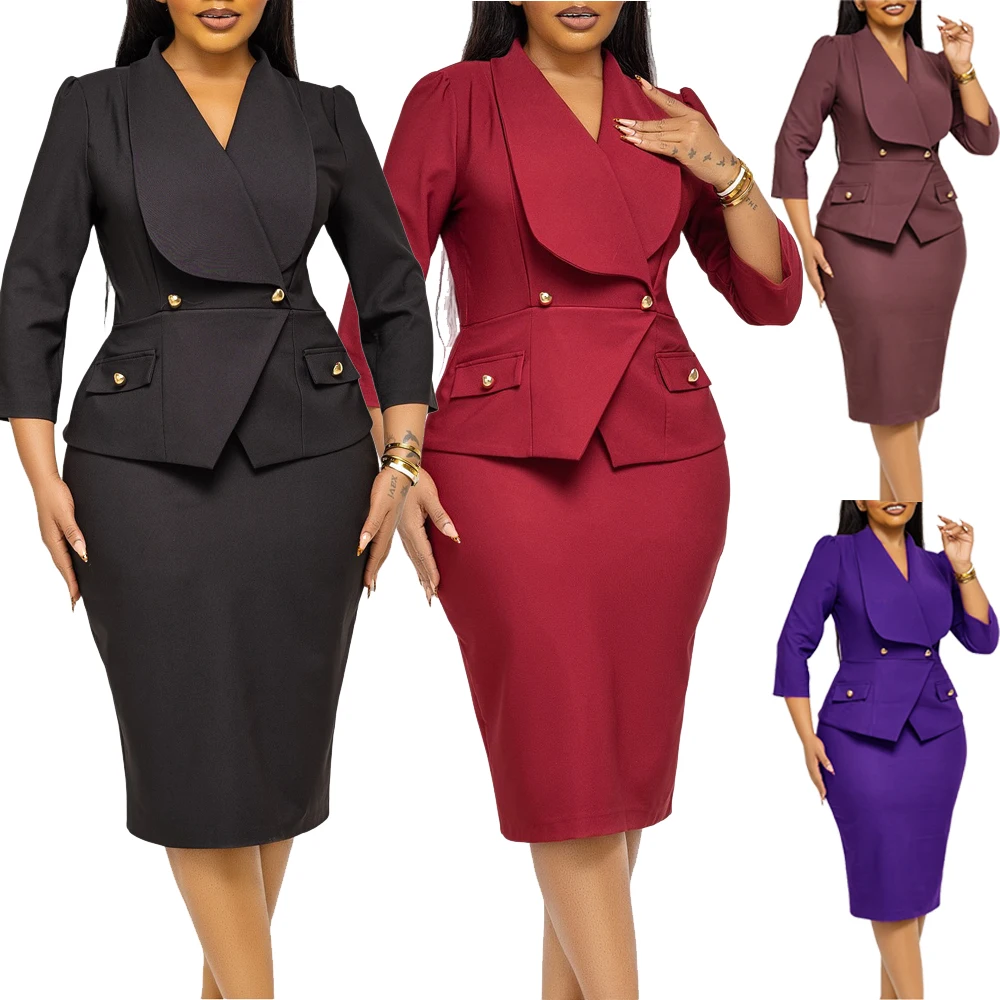 Großer Kragen 3/4 Ärmel Tailliertes Büro-Damenkleid Schönes Modisches Elegantes Afrikanisches Midi-Karrierekleid für Damenmode – Detail 2