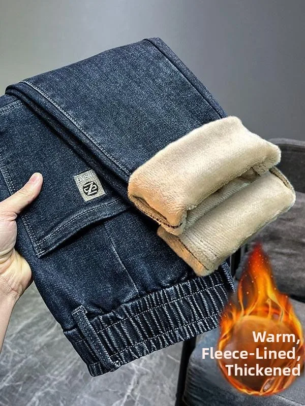 Men's Casual Elastic Waist Fce Lined Straight Leg Jeans Premium Denim Winter Warm Trendy Youth Long Trousers