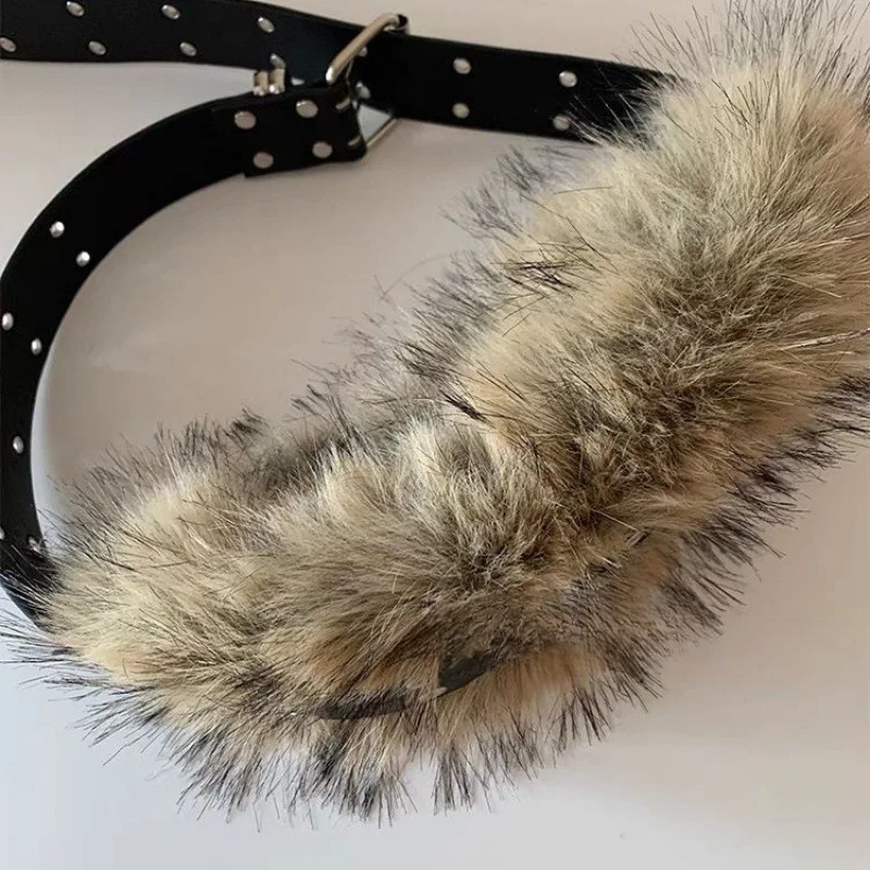 Neue frauen gürtel Vintage Faux Pelz PU Leder Gürtel Y2K Pelzigen Pelz Gürtel Cowgirl Gothic Punk Sexy Bund Jeans Hosen Dekor – Detail 9