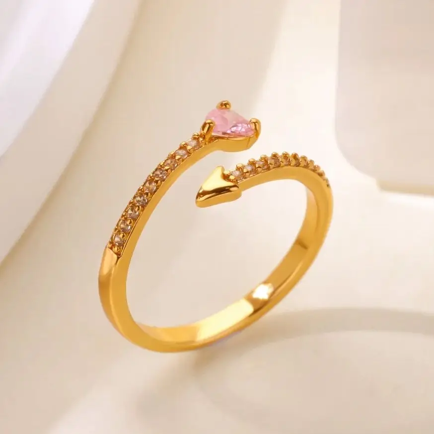 Zircon Pink Heart Rings for Women Adjustable Stainless Steel Jewelry Daily Wear