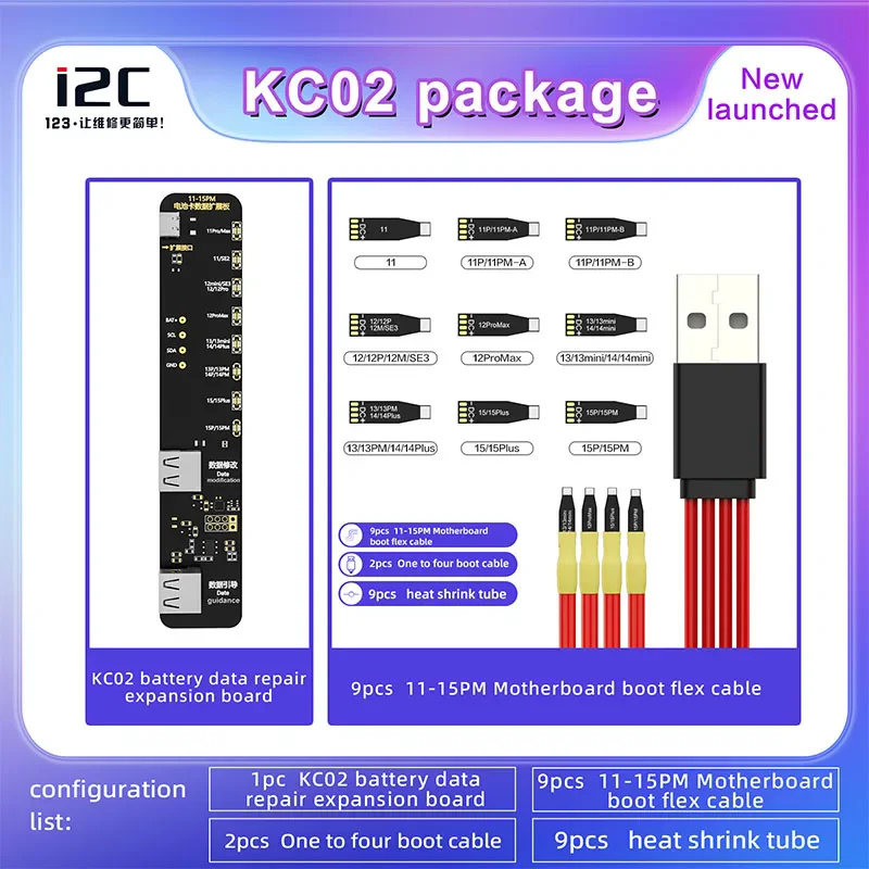 

I2C KC02S KC02 Battery Health Repair Device for IPhone 11-15PM Battery Free External Cable Change Efficiency 100% Repair Tools