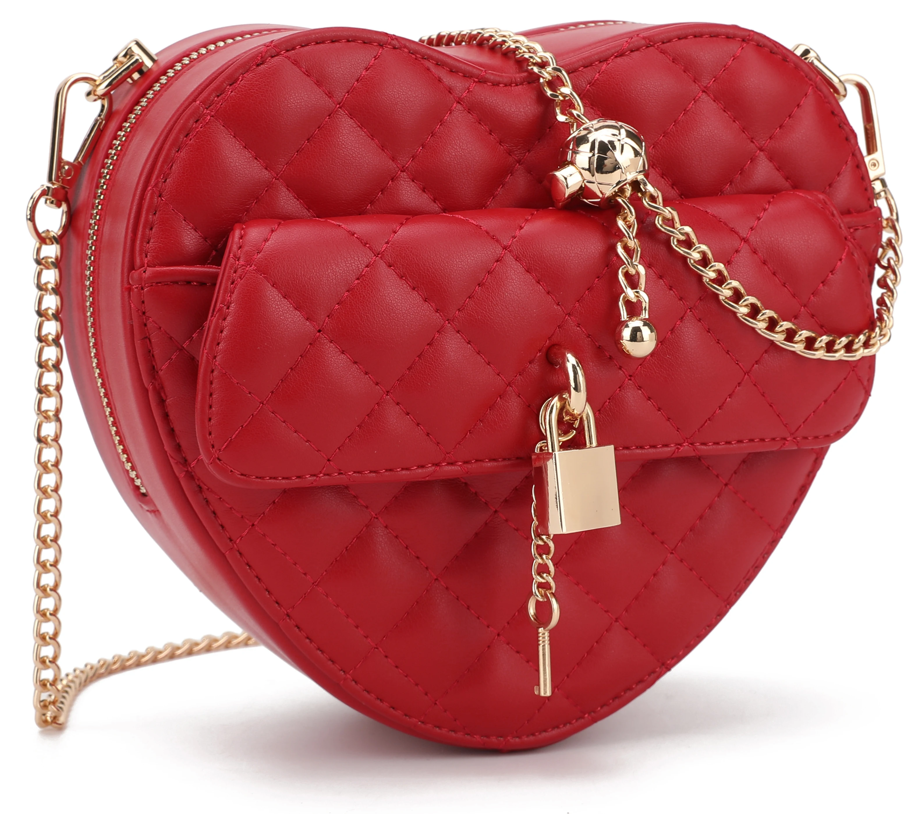 

Trendy Heart Shape Satchel Crossbody Purse for women Zip Around Shoulder Bag with Lock Diamond Lattice handbag for Girls