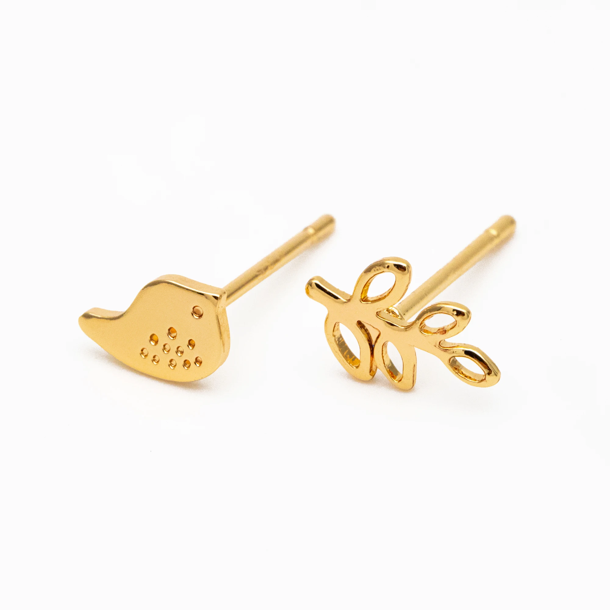 

10pcs Gold Bird and Leaf Asymmetry Earrings, Gold Plated Brass Minimalist Stud Earrings (GB-4055)