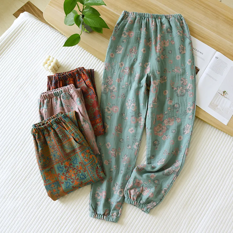 Spring Yarn-dyed Cotton Gauze Pajamas Pants Women's Retro Printed Home Pants Thin Loose Sleepwear Elastic Waist Sleep Bottoms