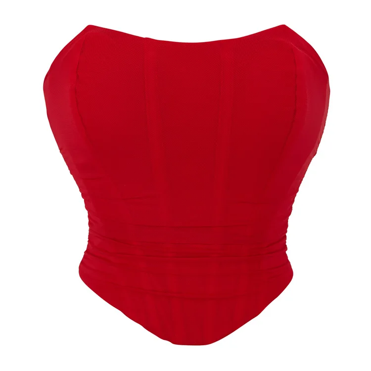 Sexy Women Bustier Strapless Lace Up Back Hanky Hem Mesh Tube Corset Top Fishbone Detail Shapewear Rave Club Wear