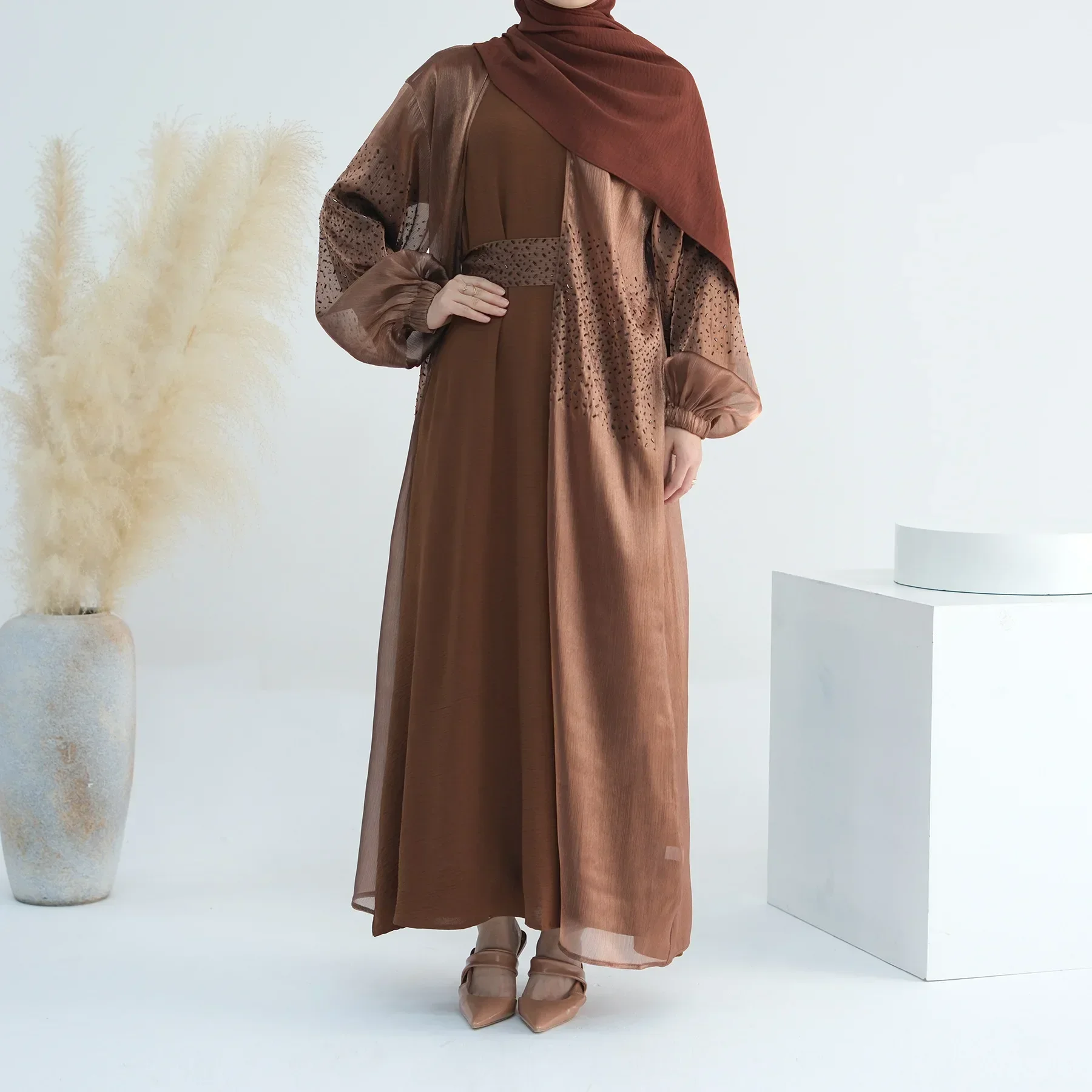 Ramadan Open Abaya Kimono Dubai Turkey 2 Piece Set Muslim Hijab Dress Islam Robe African Dresses for Women Morocco Outfit Kaftan