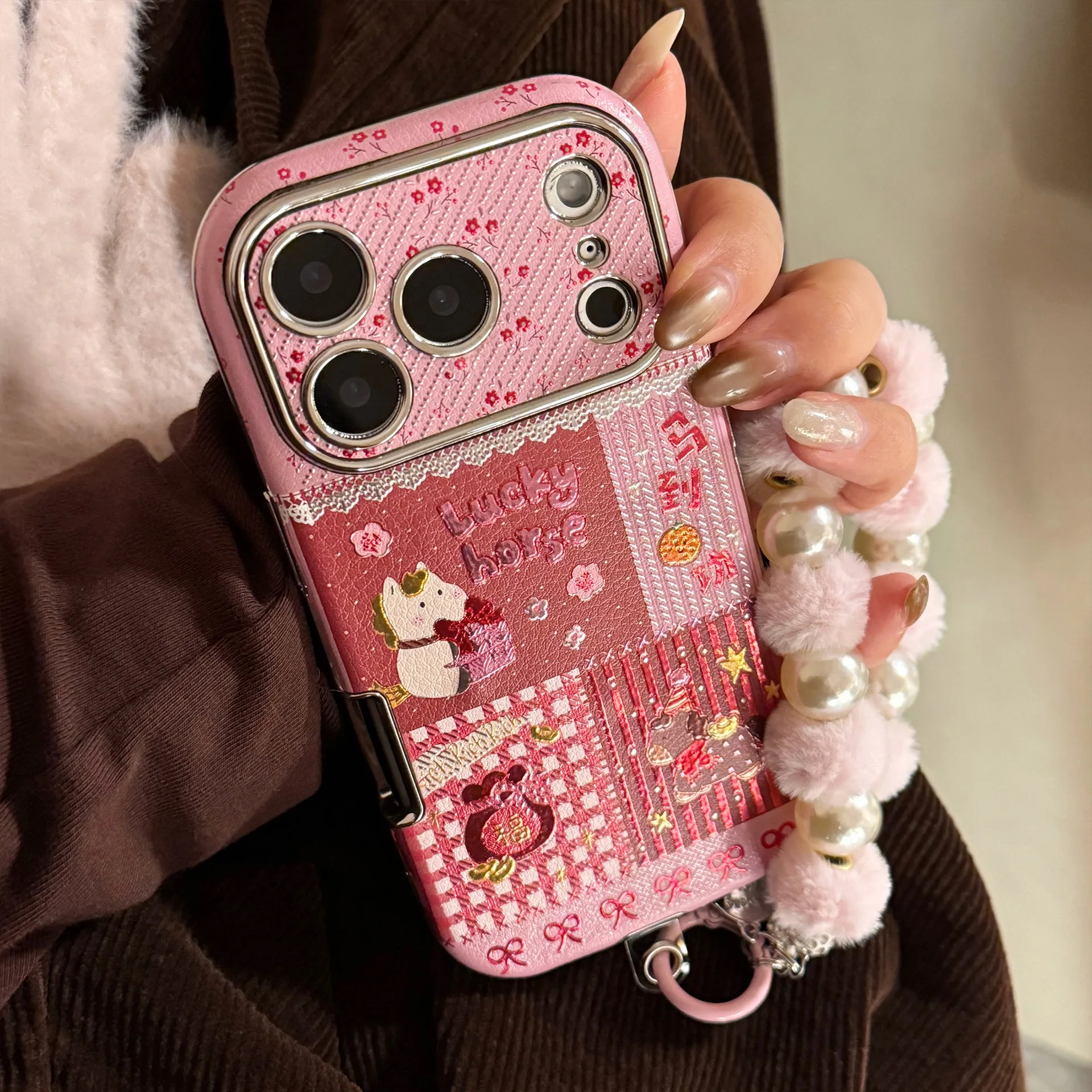 Korean Cartoon Horse Leather Texture Phone Case with Bracelet and Shockproof Cover