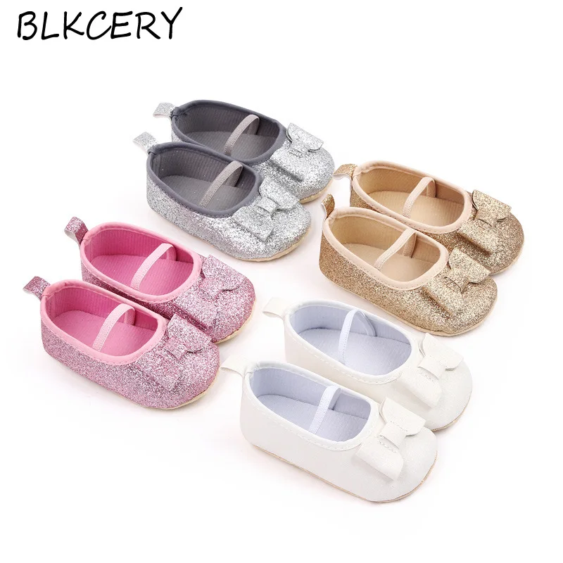 

New Fashion Infant Baby Girl Crib Shoes Pink Bling Bows Newborn Footwear Toddler Mary Jane Flats for 1 Year Christian Doll Gifts