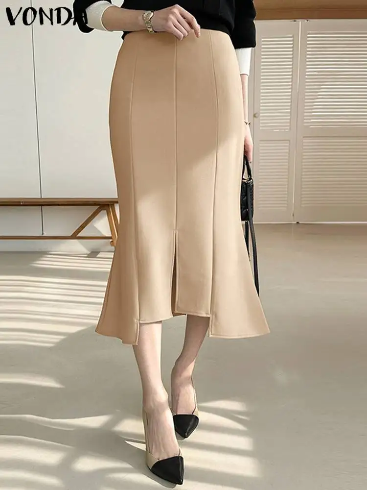 

2023 VONDA Fishtail Skirts Women Fashion Elegant High Waist Office Summer Midi Bottoms Casual Solid Irregular Hem Party Skirts
