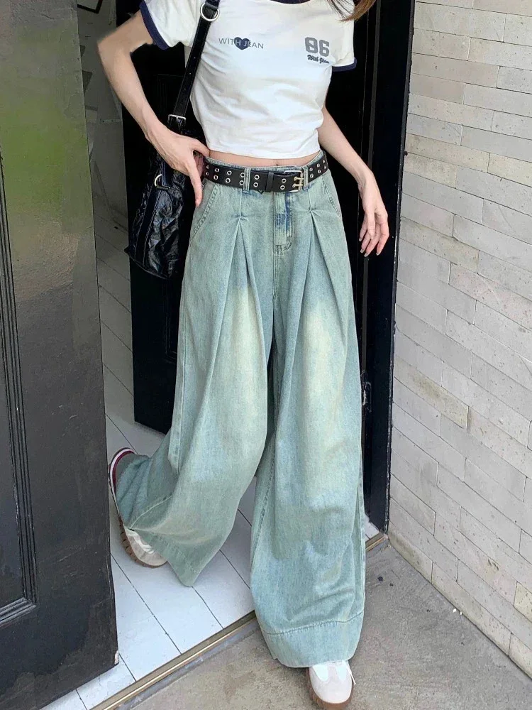 High Waisted Jeans Y2K Fashion Women Clothing Blue Black Straight Leg Denim Pants main image 1