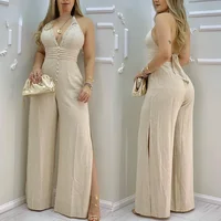 Ladies Lace-trimmed Button Open Back Slit Jumpsuit V-neck Jumpsuit Decoration 1