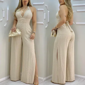 Ladies Lace-trimmed Button Open Back Slit Jumpsuit V-neck Jumpsuit Decoration Waist Type Fabric Type Item Type Thickness Pattern