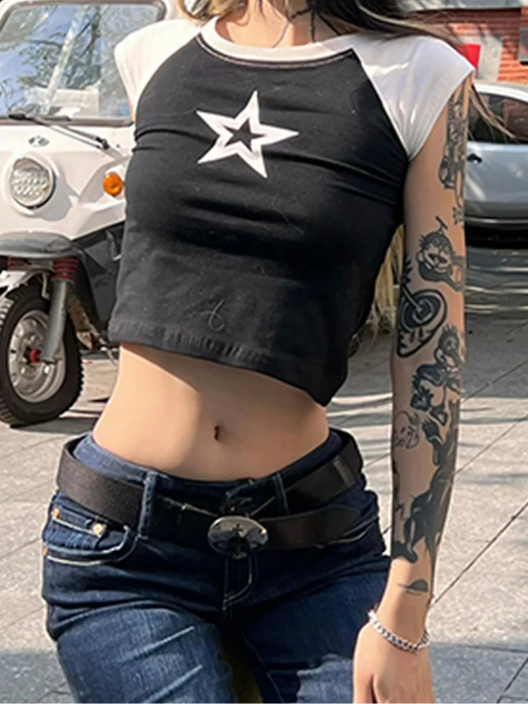 New Y2K blouse women's star print sleeved T-shirt women's tight blouse sexy round-neck tight blouse retro clothing in the 1990s