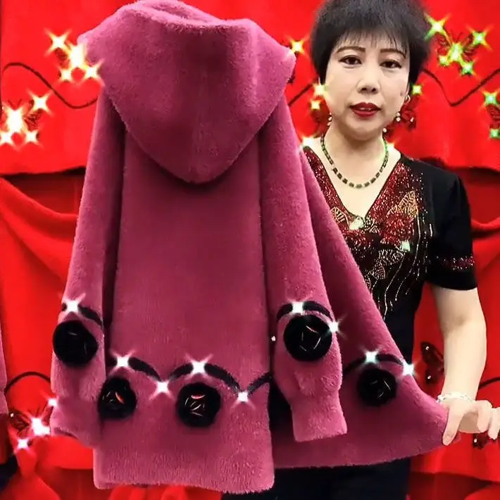 

Autumn Winter New Middle Aged Women Faux Mink Cashmere Sweater Coat Thicken Hooded Mother Knitted Cardigan Woolen Coats U885