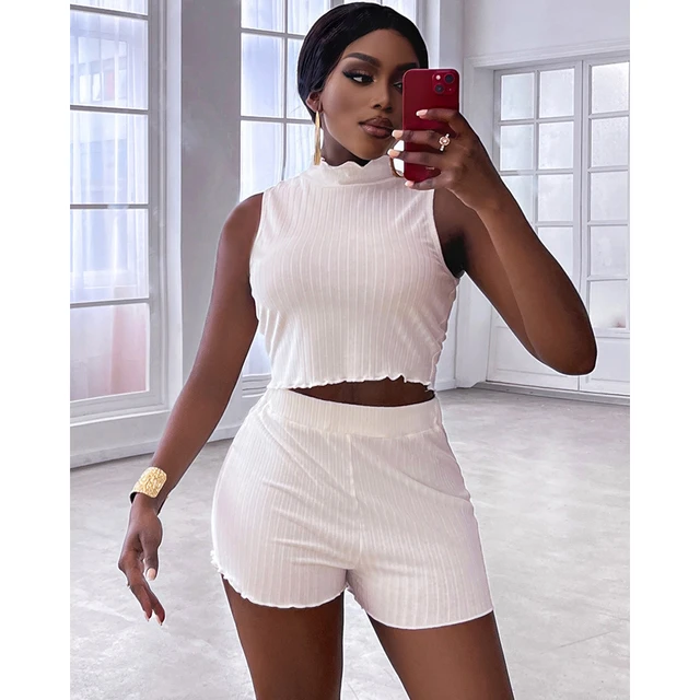 Chic Me Fashion Women Two Piece Suit Summer Frill Hem Crop Vest Tank Top &  High Waist Shorts Set Sexy Skinny Clothes For Women - Short Sets -  AliExpress
