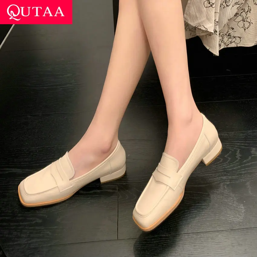 

QUTAA 2023 Working Casual Women Genuine Leather Pumps Spring Summer Low Heels Loafers Square Toe Shoes Woman Size 34-40