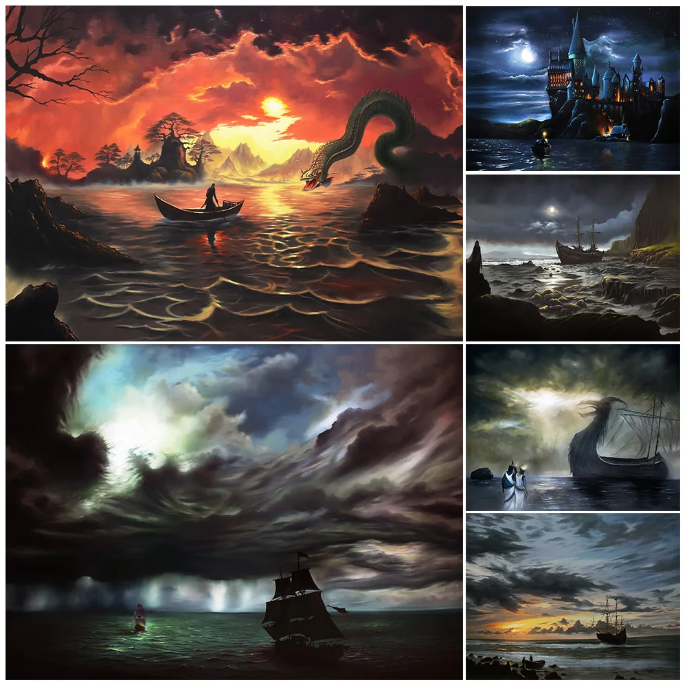 

Sunset Seascape,Kiyohime,Warship,Castle,Gothic Wall Art Canvas Painting Moonlight And Sky Surreal Fantasy Art Poster Print Decor