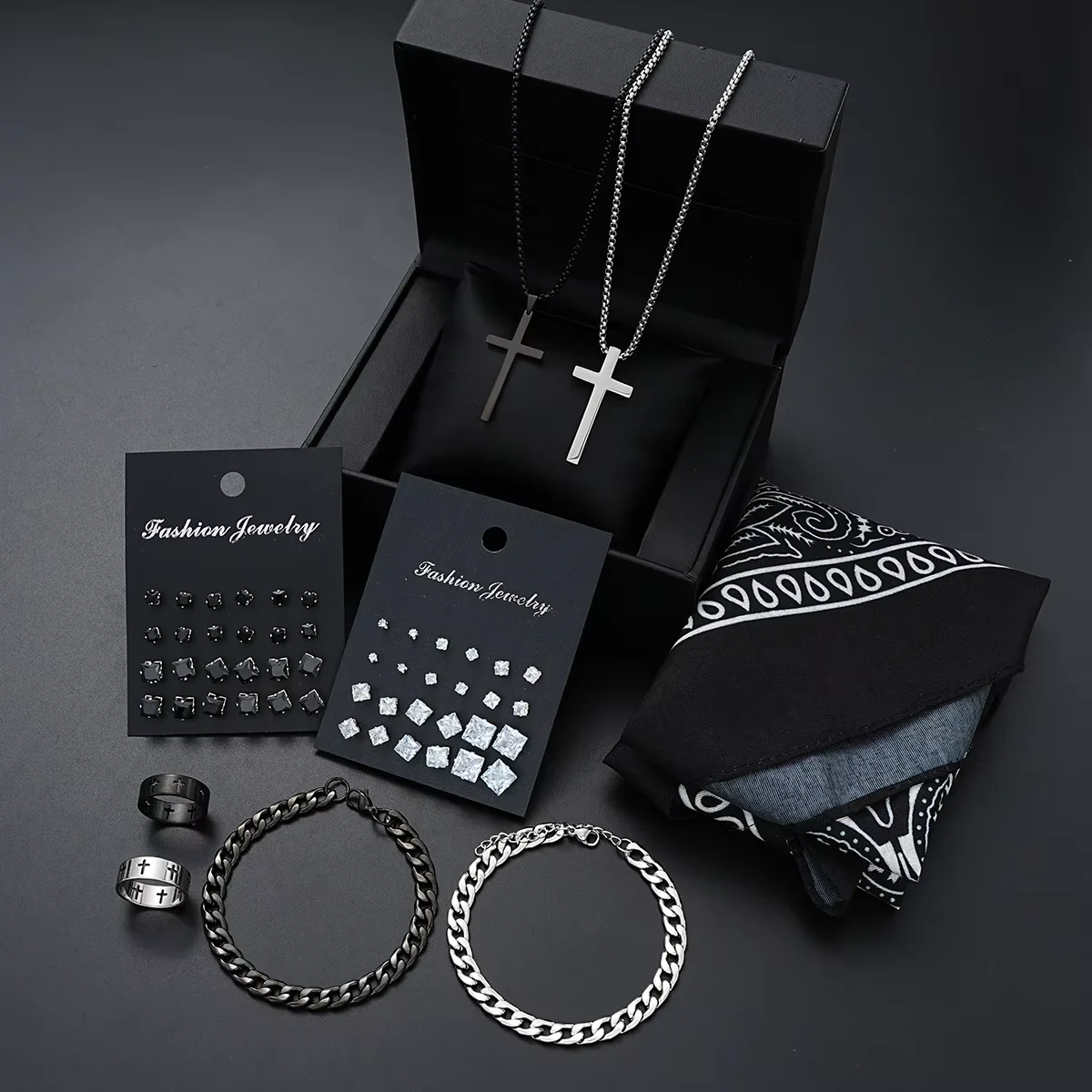 55 Pcs Stainless Steel Jewelry Set for Men Punk Hip Hop Zircon Stud Earrings Link Bracelet Cross Pendant Necklace Bandana Sets