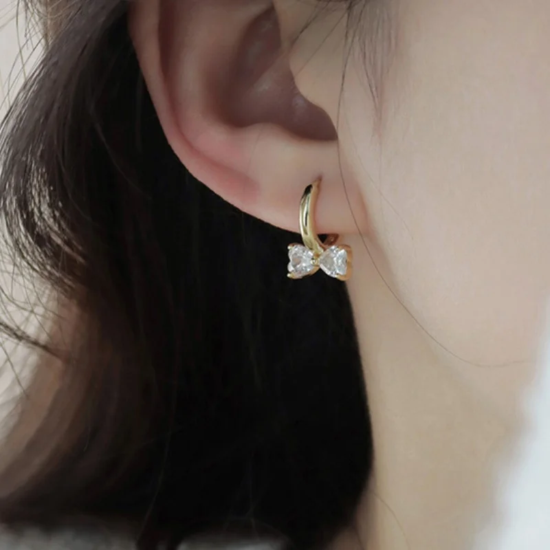 Luxury Temperament Inlaid Zircon Bowknot Hoop Earrings for Women Silver Color Bow Huggie Fashion Jewelry Gifts