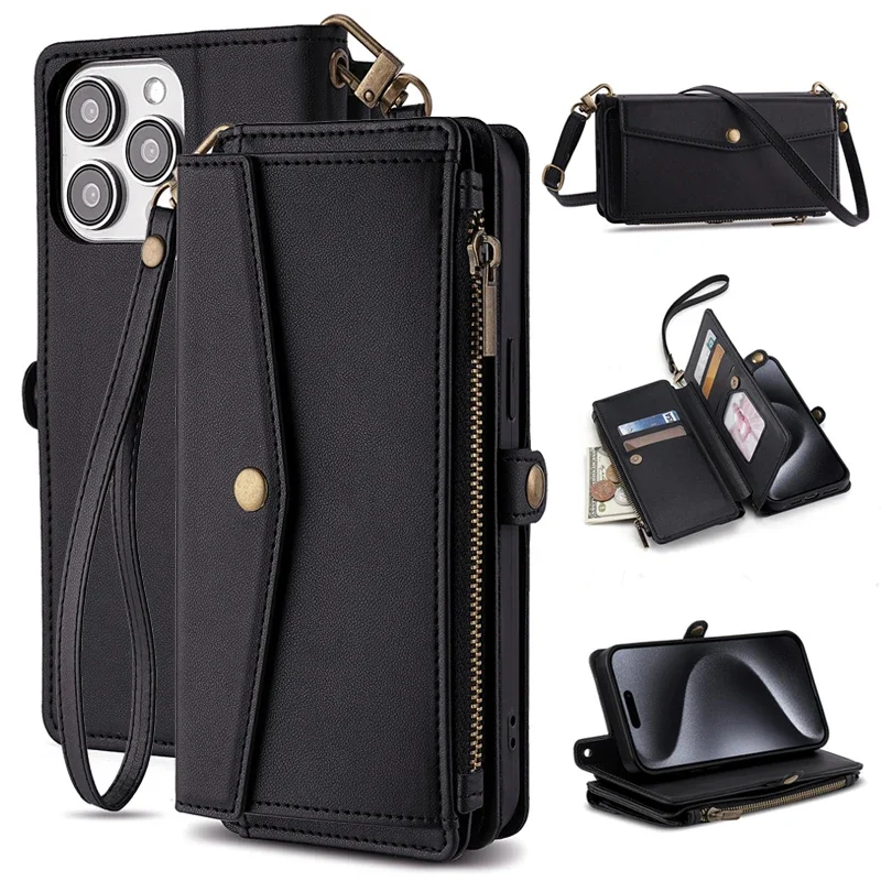 Multi-Functional Leather Wallet Flip Stand Case with Crossbody Strap