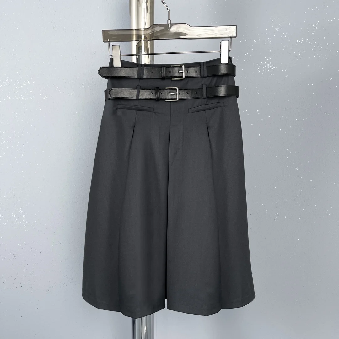 2024 Spring/Summer New Women's Wear Gray Double Waist Belt Pleated Skirt 0319