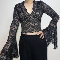 Haut en dentelle esthétique pour femmes, vêtements Sexy transparents, col en V profond, t-shirts évasés à manches longues, vêtements de fête, Clubwear 4