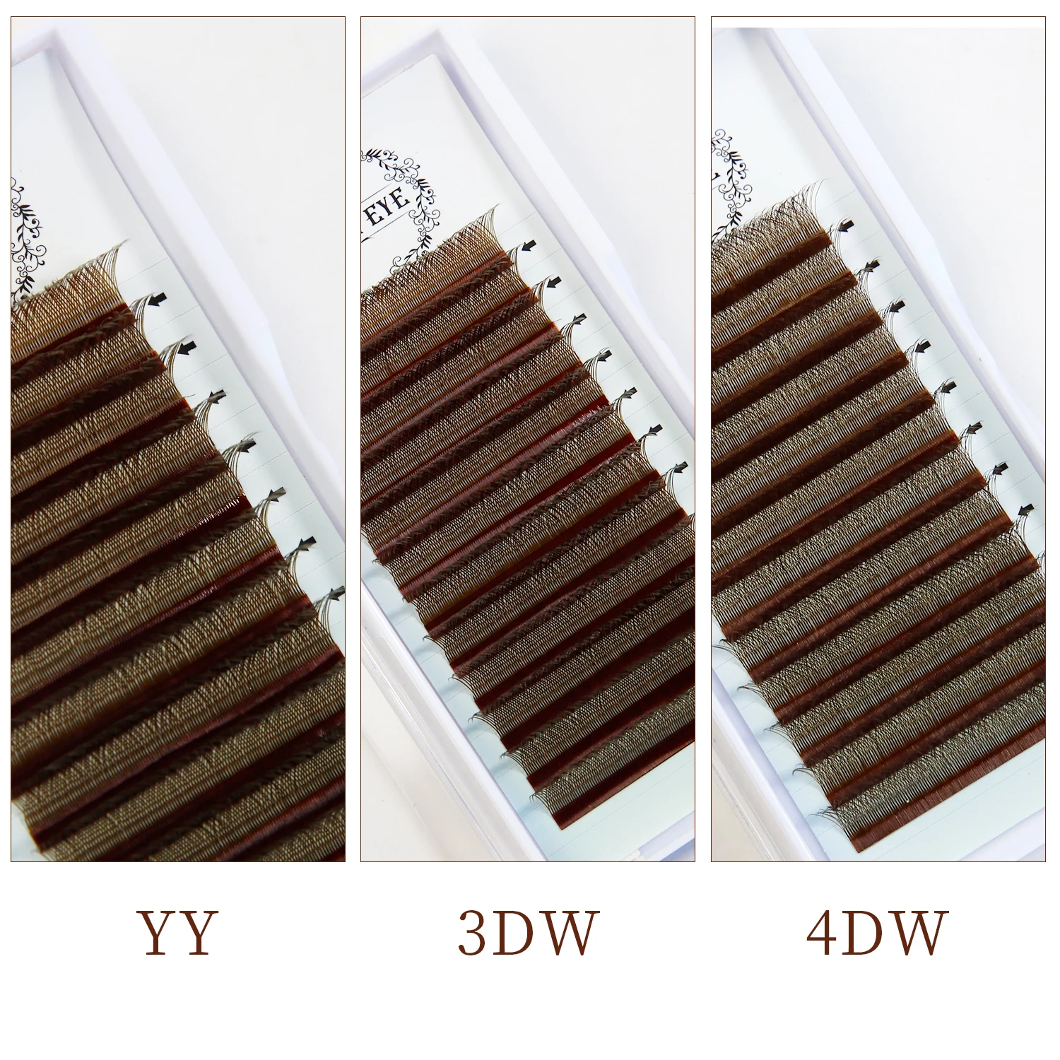 5W 속눈썹 연장 YY 7mm 브라운 컬러 4DW 브라질리언 프리메이드 래쉬 팬즈 개별 클러스터 DIY 3D W자형 래쉬 돌리 아이