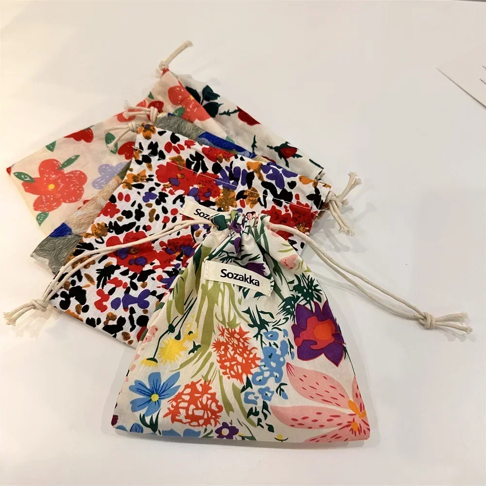 Cotton Fabric Floral Drawstring Bags Cosmetic Bag Lipstick Toiletry Makeup Organizer Coin Pocket Bags Purse Canvas Storage Bag 5
