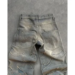 Embroidered washed jeans couple patch heavy zipper splicing American high street fashion brand retro niche loose straight pants