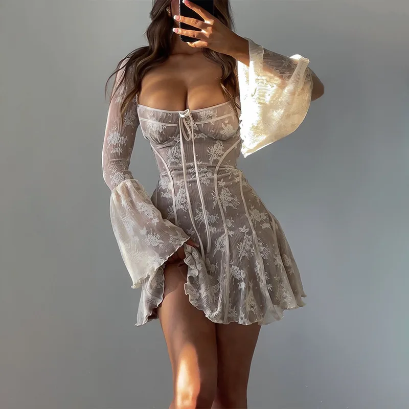 European and American women's new flared sleeve ballet style sexy and pure desire lace wrapped chest print long sleeved dress