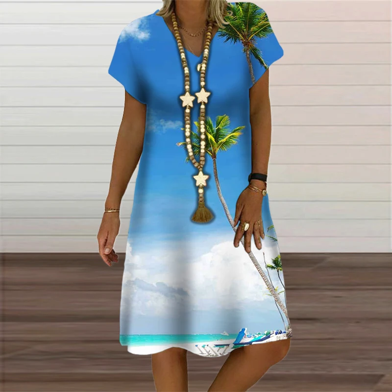 Natural Scenery Summer Tropic Beach Style 3D Print Dresses For Women Oversized Short Sleeve Loose Clothing Casual V-Neck Dress