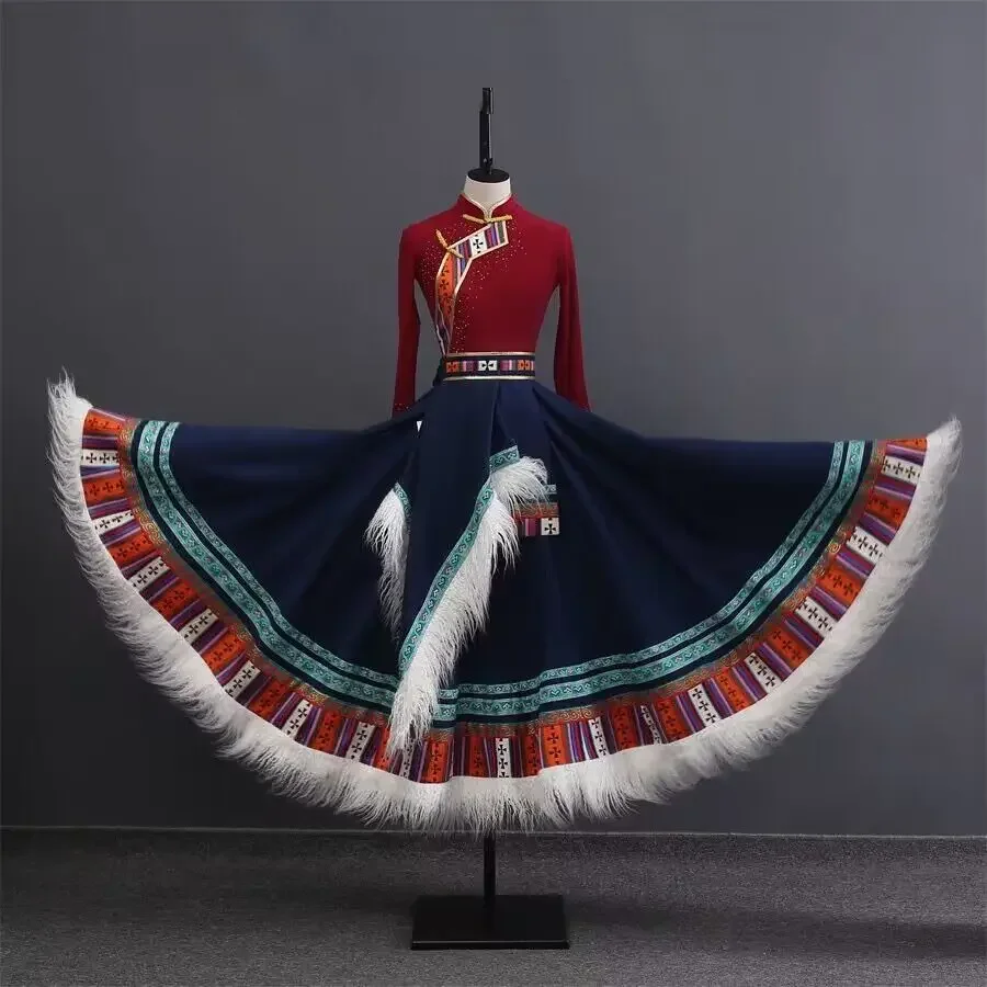 Starobylý lidových praxe dancewear tibetské obleček dlouhé sukně mongolské národní tibetské šaty moderní menšina představení kostým
